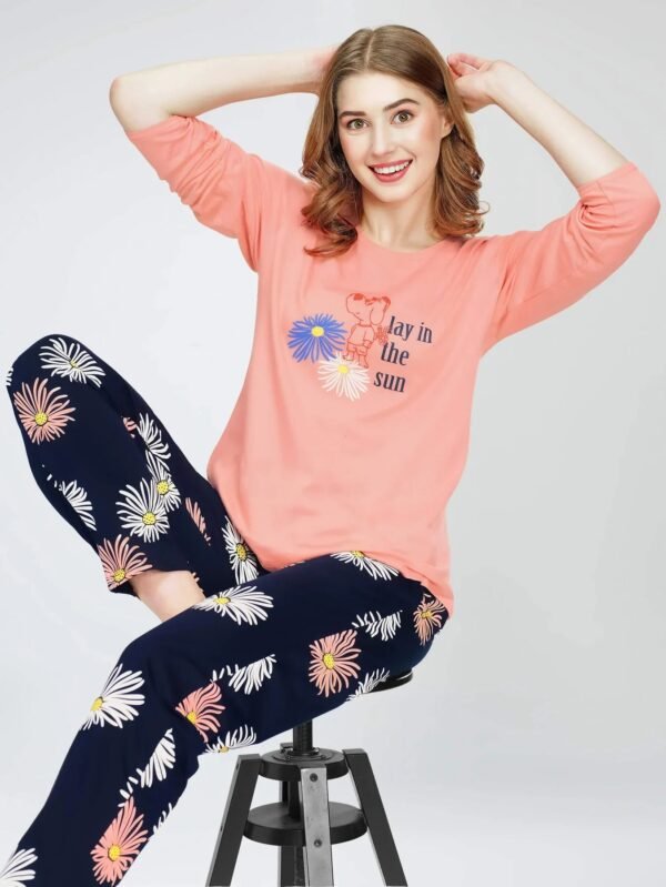 Women's Peach Floral Printed Cotton Night Dress of Top and Pajama set