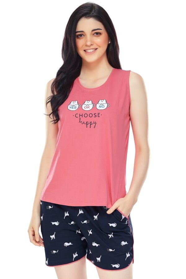 Women's Cotton Peach Cat Printed Shorts Set