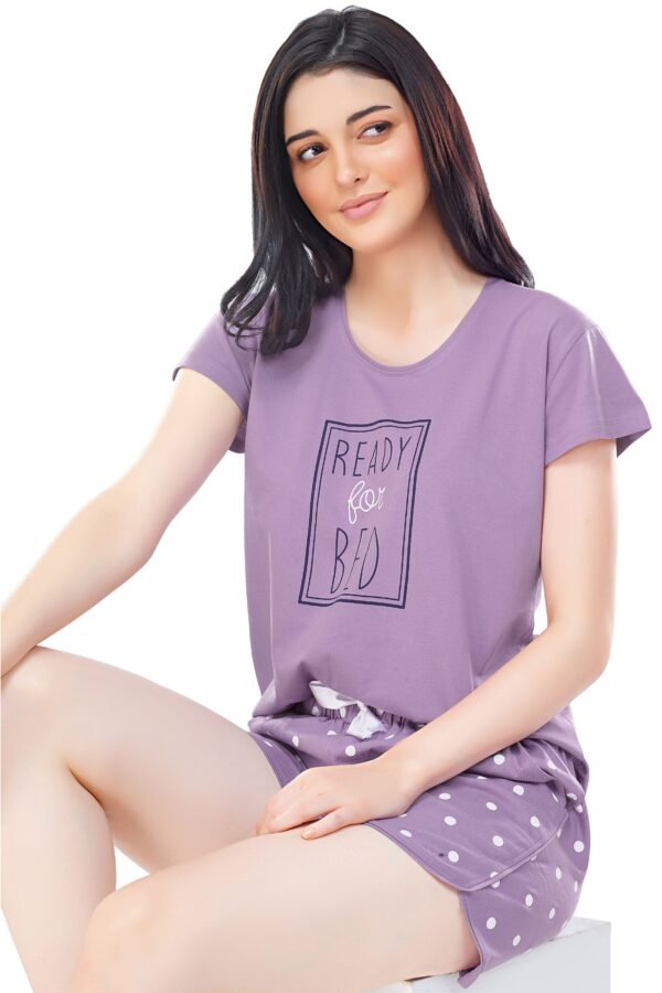 Women's Cotton Purple Polka Printed Shorts Set