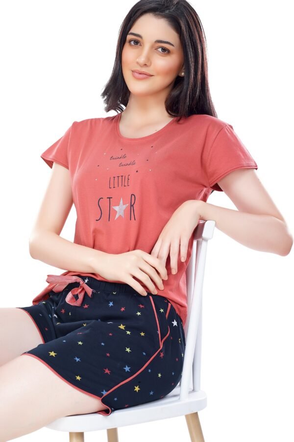 Women's Cotton Rust Brown Star Printed Shorts Set