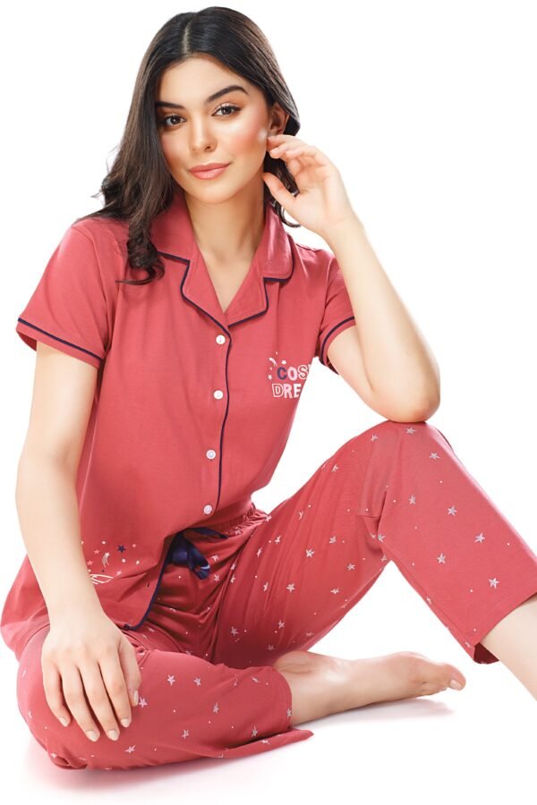 Women's Cotton Rust Brown Star Printed Stylish Night Suit Set