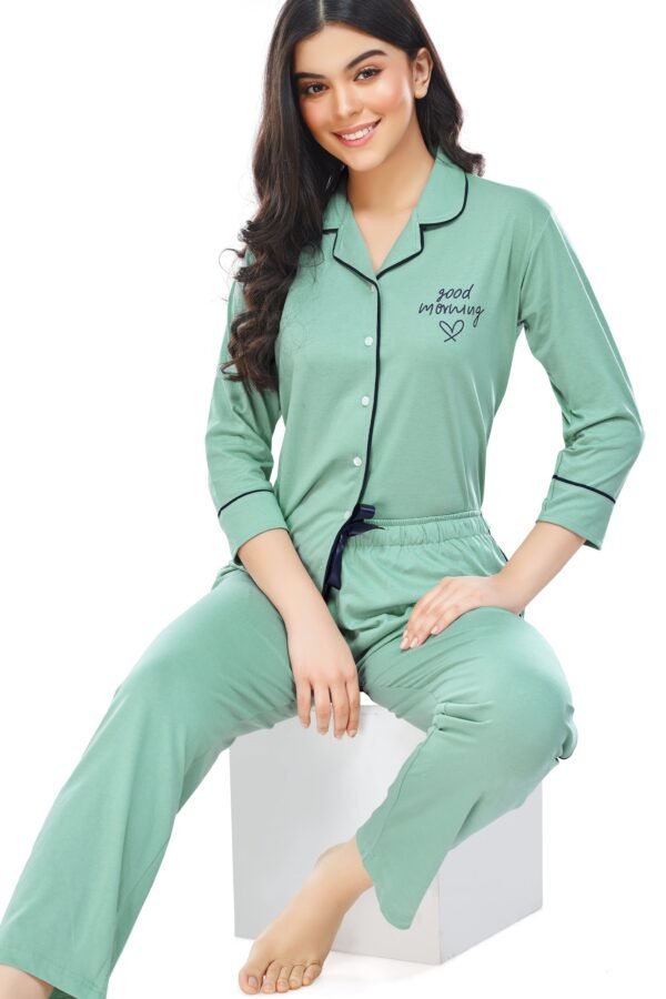 Women's Cotton Sea Green Solid Stylish Night Suit Set
