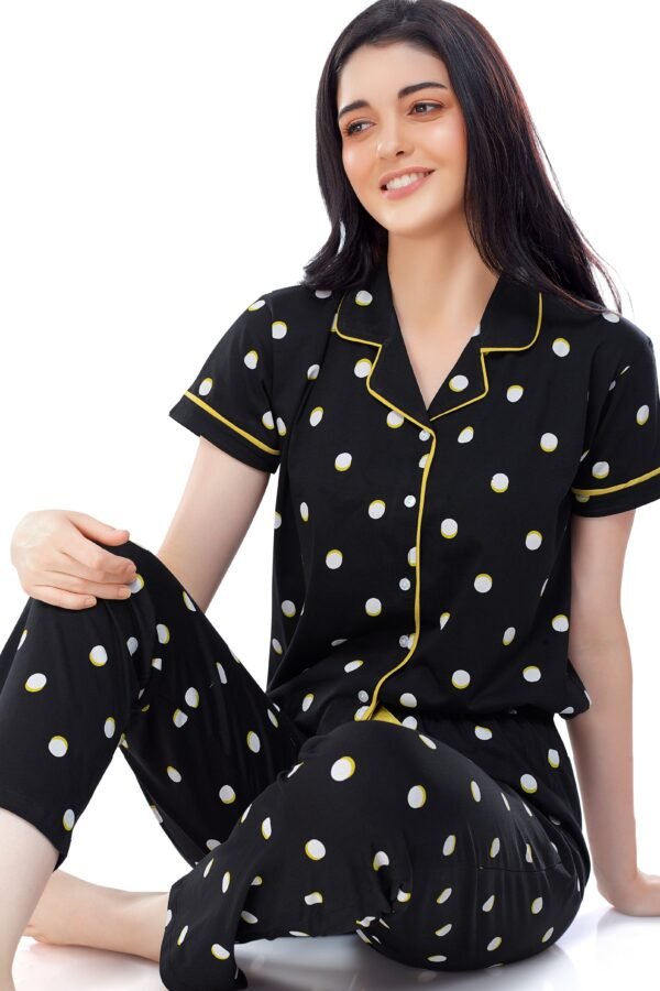 Women's Cotton Black Polka Dots Printed Stylish Night Suit Set