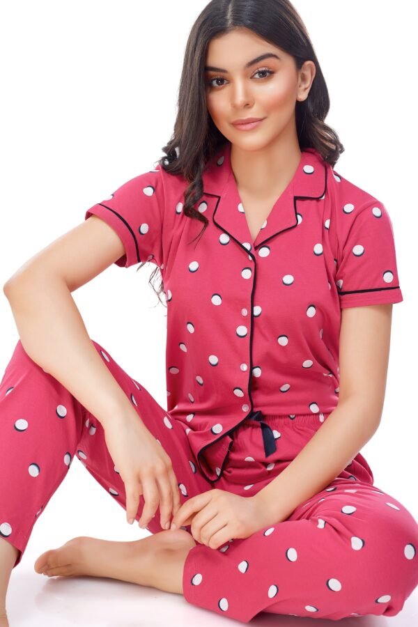 Women's Cotton Dark Pink Polka Dots Printed Stylish Night Suit Set
