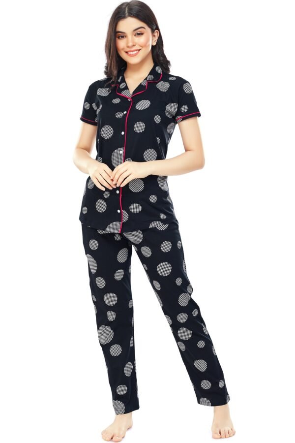 Women's Cotton Navy Blue Geometric Printed Stylish Night Suit Set