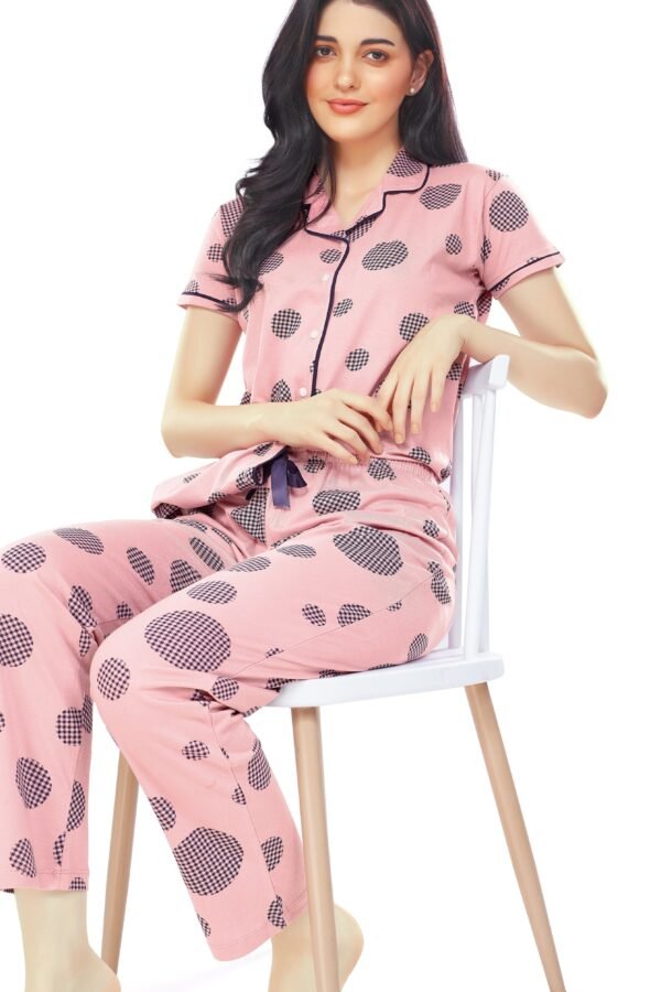 Women's Cotton Pink Geometric Printed Stylish Night Suit Set