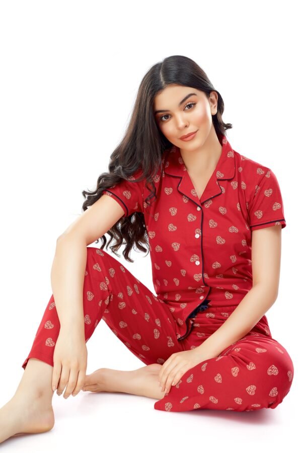 Women's Cotton Red Heart Printed Stylish Night Suit Set