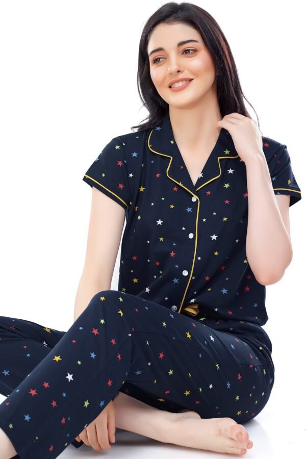 Women's Cotton Navy Blue Star Printed Stylish Night Suit Set