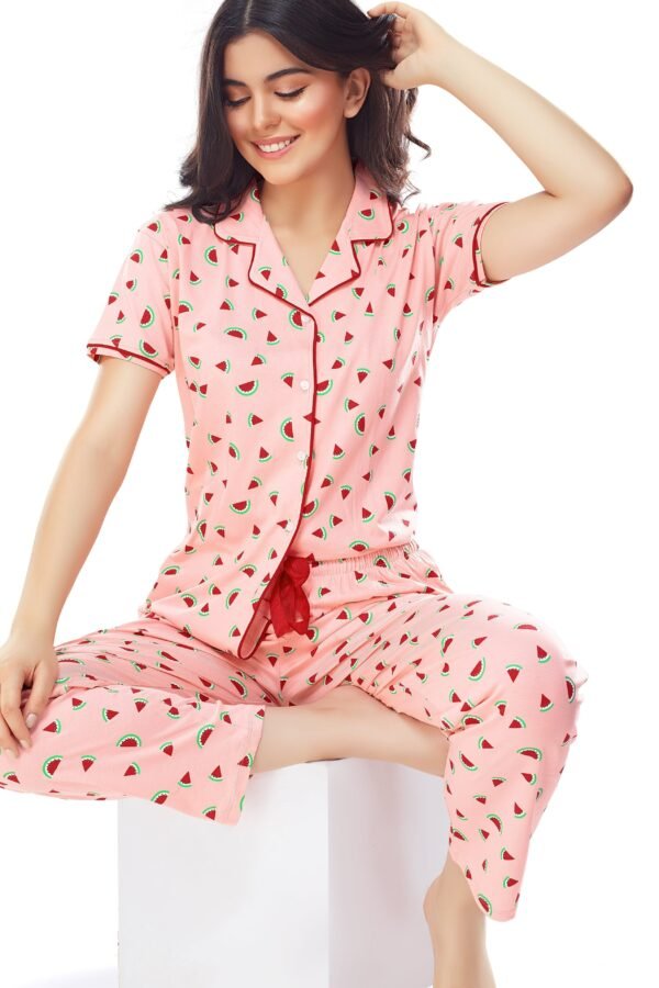 Women's Cotton Pink Water Melon Printed Stylish Night Suit Set