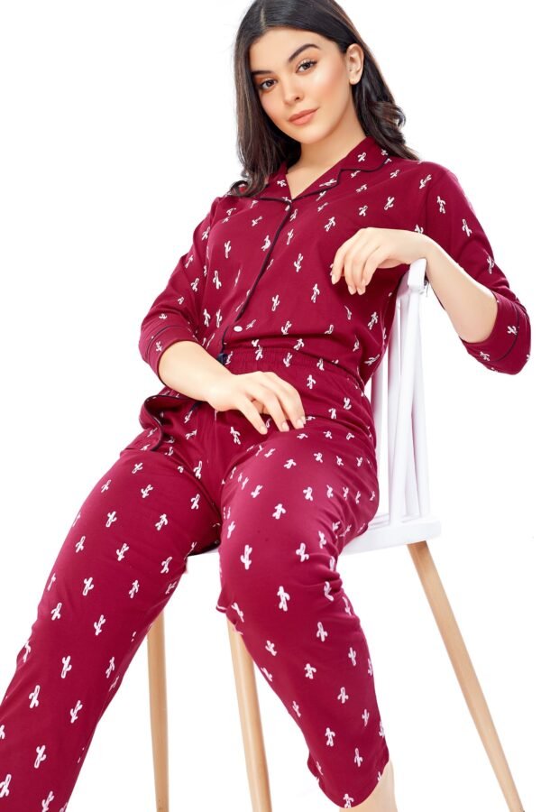 Women's Cotton Red Cactus Printed Stylish Night Suit Set