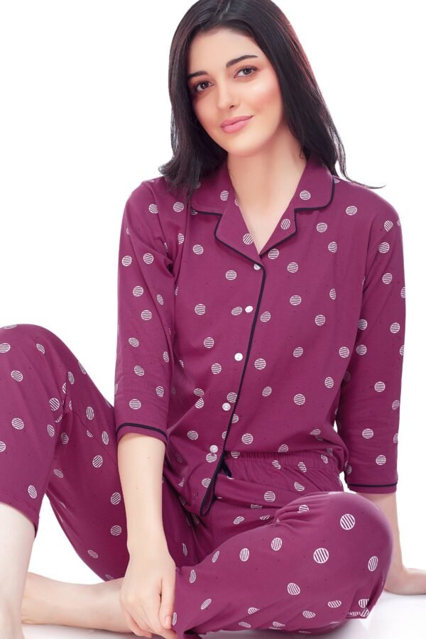 Women's Cotton Plum Red Geometric Printed Stylish Night Suit Set