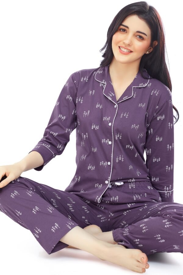 Women's Cotton Violet Arrow Printed Stylish Night Suit Set
