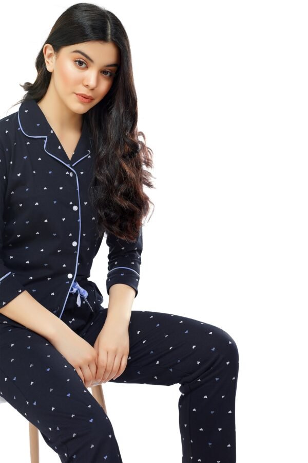 Women's Cotton Navy Blue Heart Printed Stylish Night Suit Set