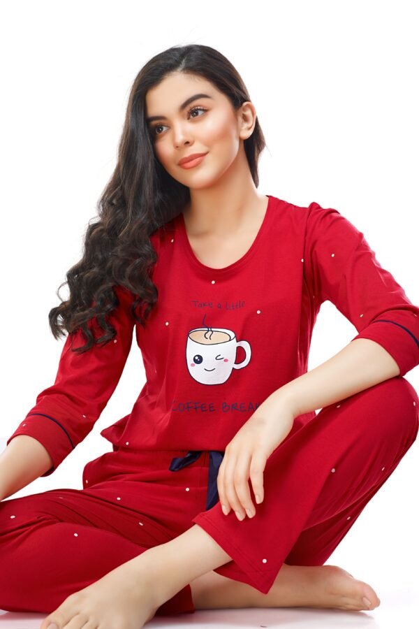 Women's Cotton Red Dot Printed Stylish Night Suit Set