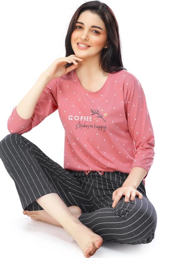 Women's Cotton Pink Dot Printed Stylish Night Suit Set