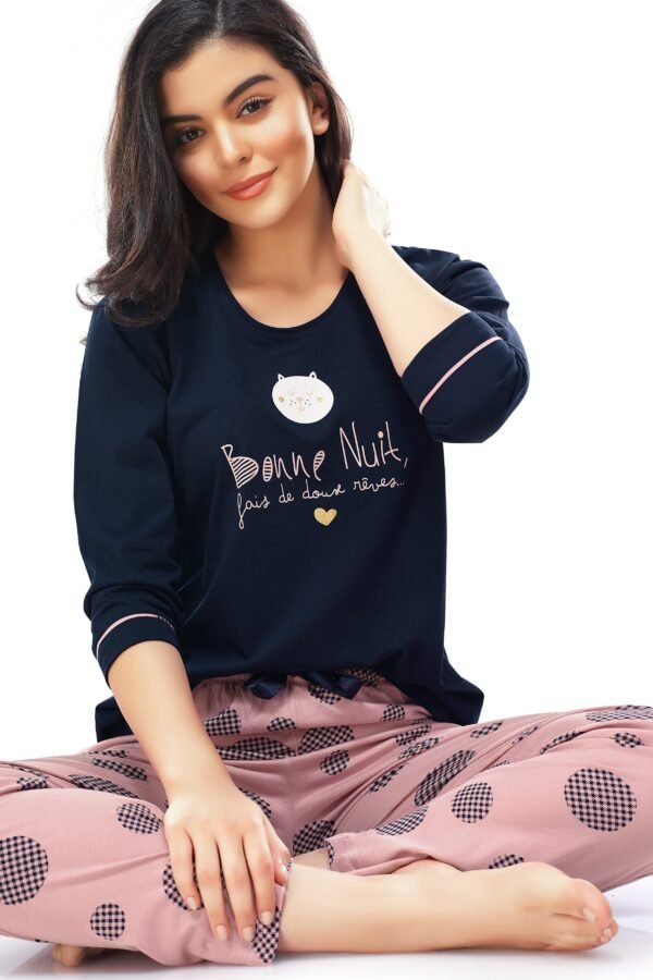 Women's Cotton Navy Blue Geometric Printed Stylish Night Suit Set