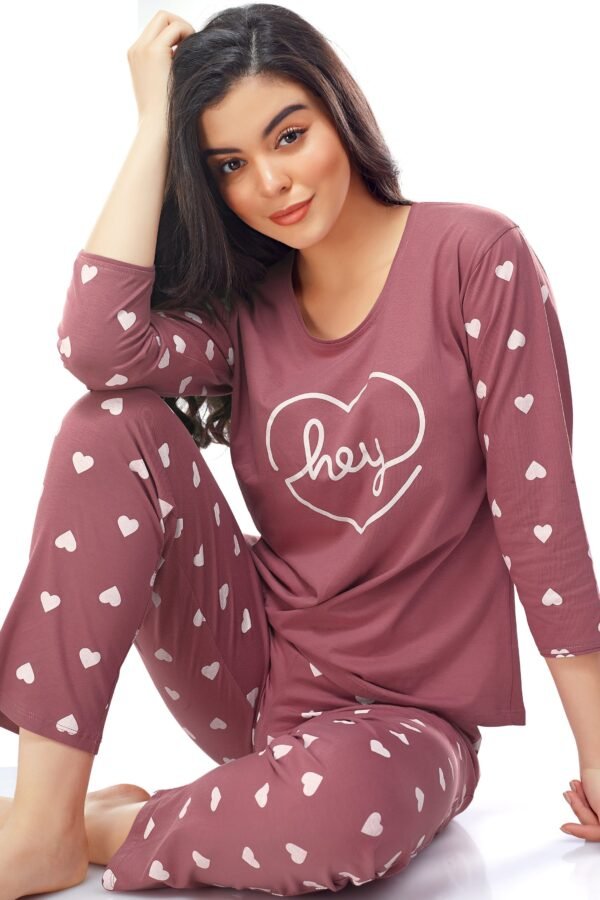 Women's Cotton Brown Heart Printed Stylish Night Suit Set
