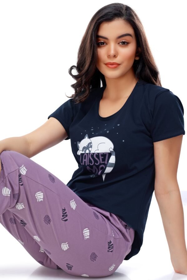 Women's Cotton Navy Blue Cat Printed Stylish Night Suit