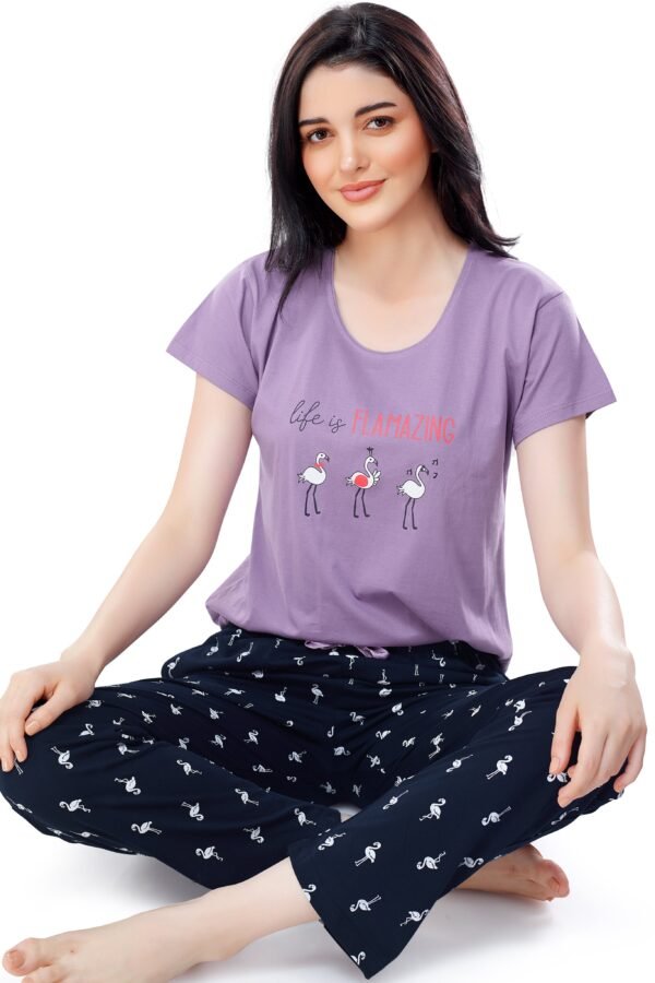 Women's Cotton Purple Flamingo Printed Stylish Night Suit Set