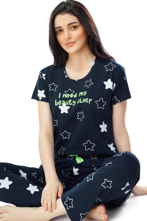 Women's Cotton Green Star Printed Stylish Night Suit Set
