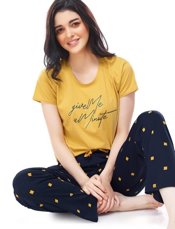 Women's Cotton Yellow Square Printed Stylish Night Suit Set
