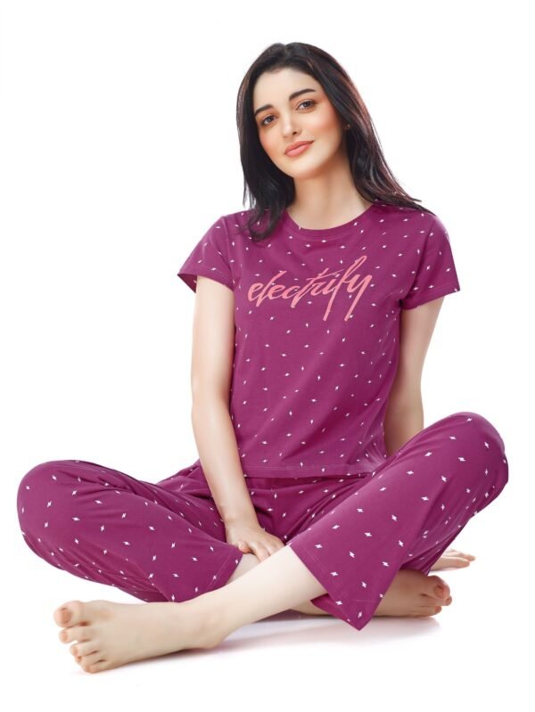 Women's Cotton Purple Flash Printed Stylish Night Suit Set