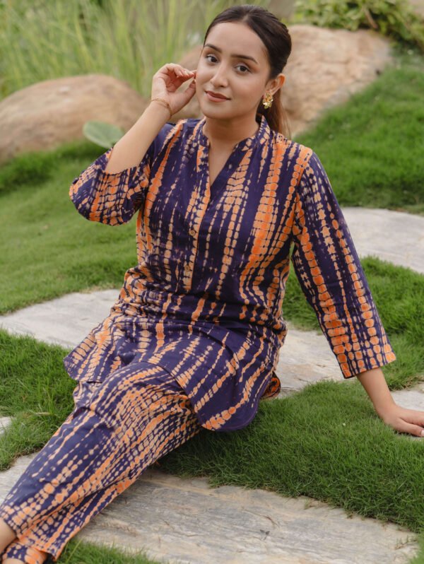 Womens Cotton Navy Blue Tie-Dye Printed Kurta Set