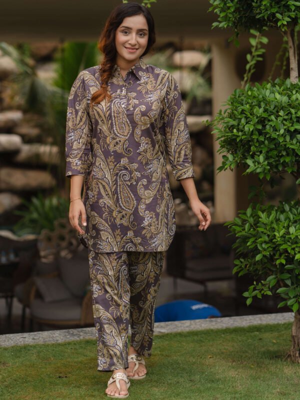 Womens Cotton Purple Ethnic Printed Kurta Set