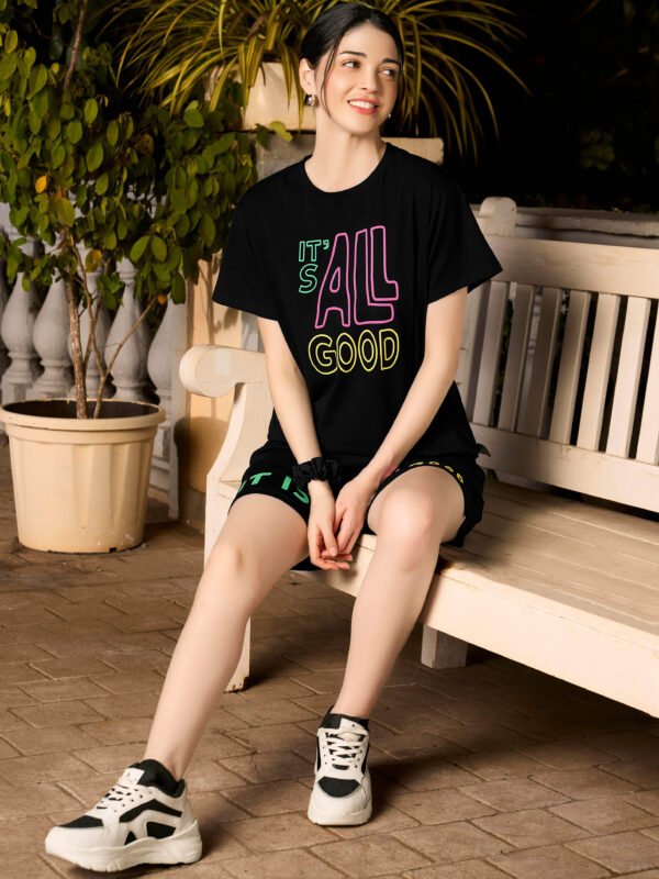 Women's Black Typography Printed Cotton Night Dress of Top and Shorts