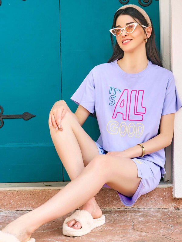 Women's Lavender Typography Printed Cotton Night Dress of Top and Shorts