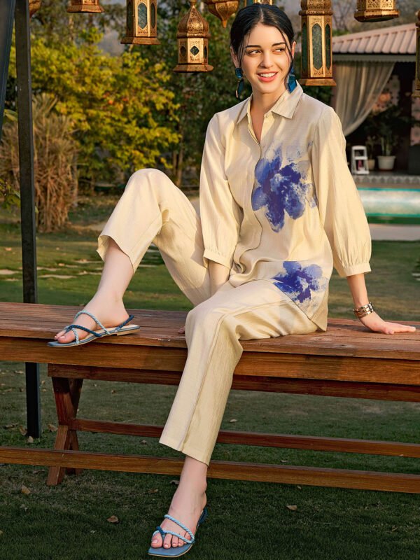 Women's Beige Floral Printed Viscos Night Dress of Shirt and Pajama Set