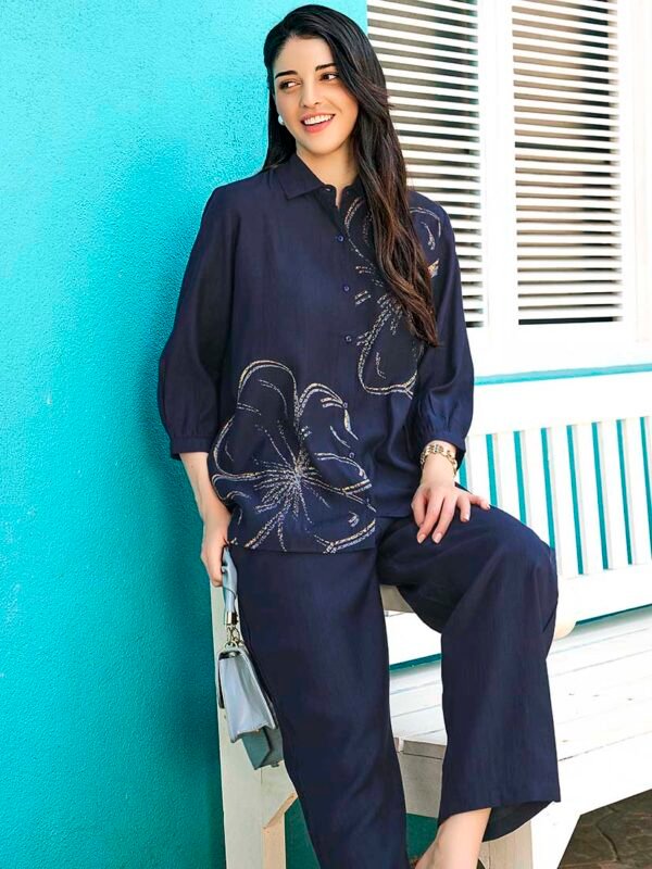 Women's Navy Blue Floral Printed Viscos Night Dress of Shirt and Pajama Set