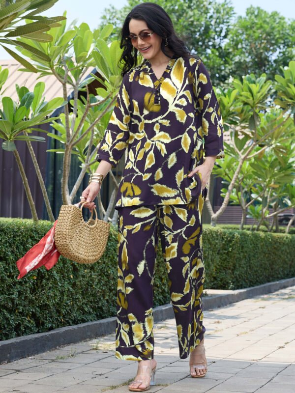 Womens Rayon Yellow Leaf Printed Kurti & Pyjama