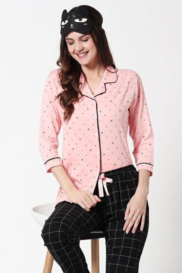 Women's Cotton Pink Star & Dot Printed Stylish Night Suit Set