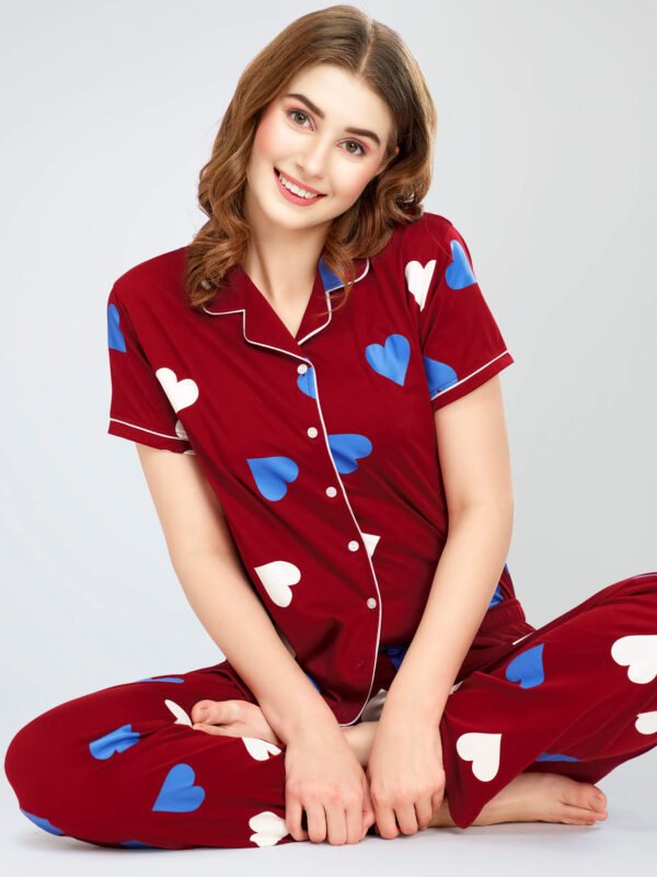 Women's Maroon Heart Printed Cotton Night Dress of Shirt and Pajama set