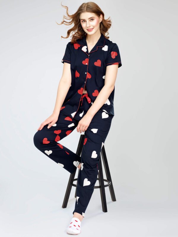Women's Navy Blue Heart Printed Cotton Night Dress of Shirt and Pajama set
