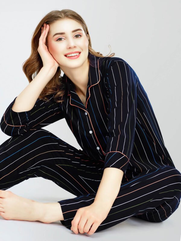 Women's Navy Blue Stripe Printed Cotton Night Dress of Shirt and Pajama set