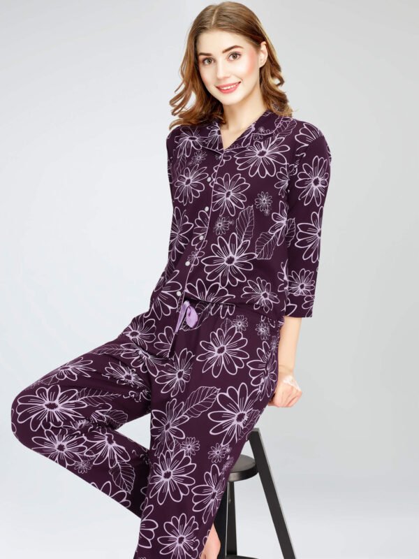 Women's Wine Berry Floral Printed Cotton Night Dress of Shirt and Pajama set