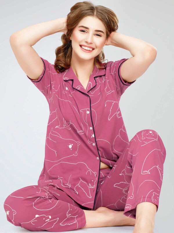 Women's Pink Polar bear Printed Cotton Night Dress of Shirt and Pajama set