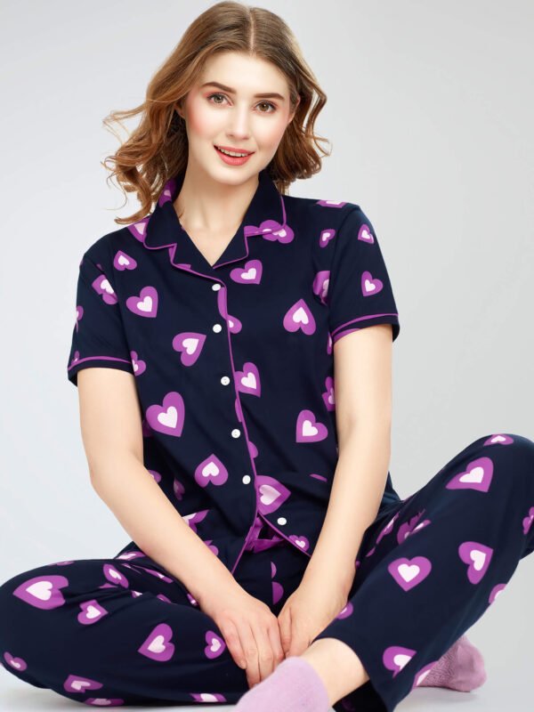 Women's Pink Heart Printed Cotton Night Dress of Shirt and Pajama set