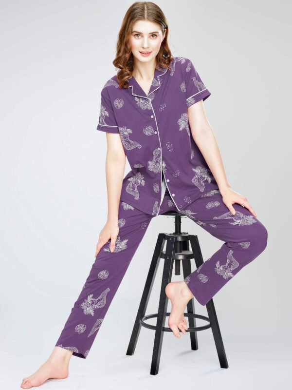 Women's Violet Floral & Cheetah Printed Cotton Night Dress of Shirt and Pajama set
