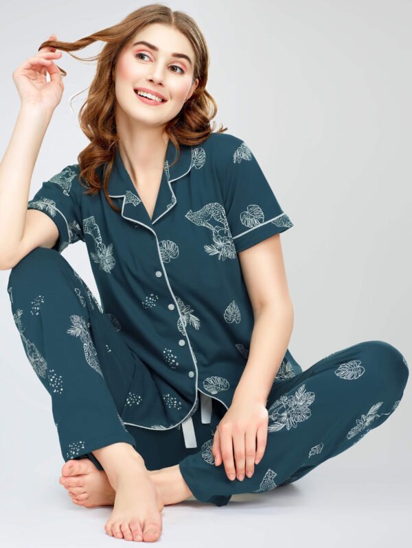 Women's Teal Green Floral & Cheetah Printed Cotton Night Dress of Shirt and Pajama set