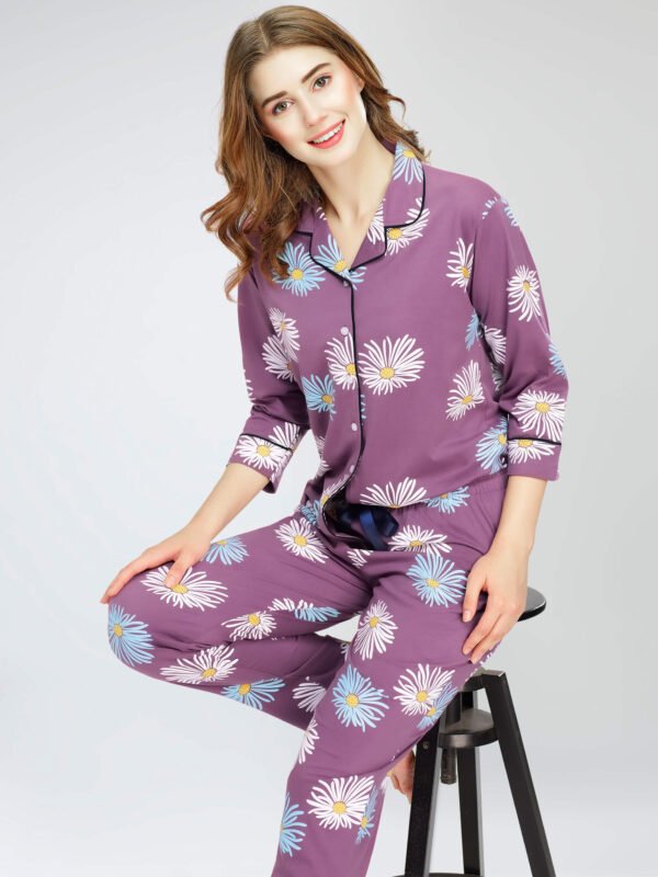 Women's Mauve Floral Printed Cotton Night Dress of Shirt and Pajama set