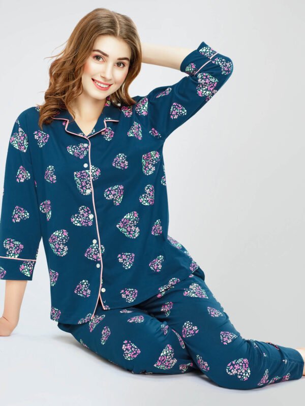 Women's Teal Blue Heart Printed Cotton Night Dress of Shirt and Pajama set