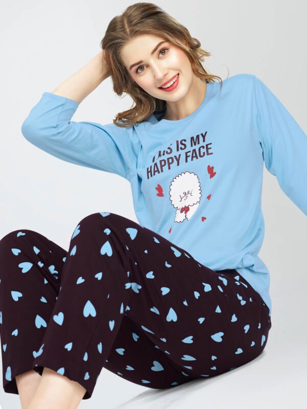 Women's Blue Heart Printed Cotton Night Dress of Top and Pajama set