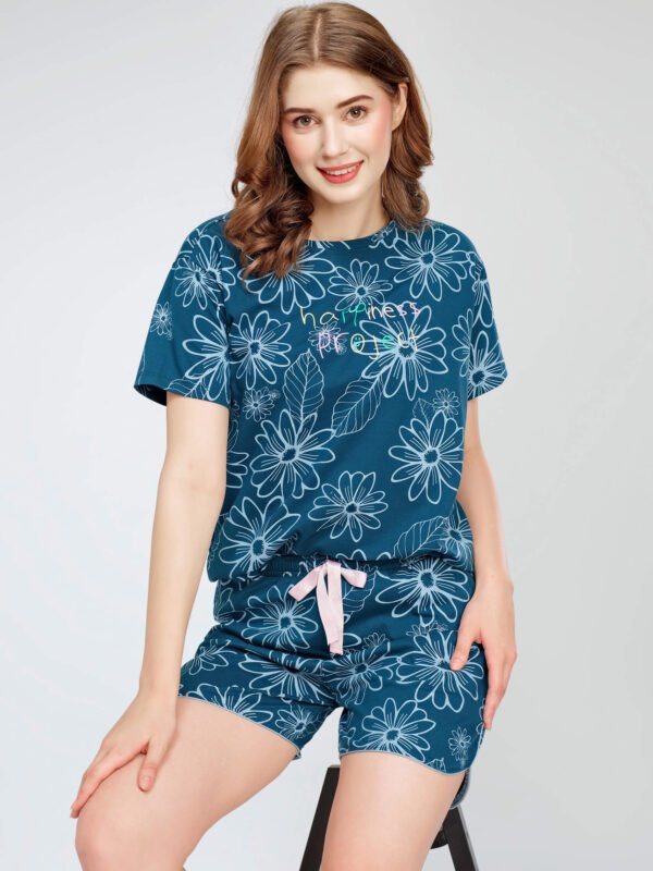 Women's Teal Blue Floral Printed Cotton Night Dress of Top and Short's set