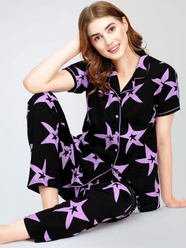 Women's Black Star Printed Cotton Night Dress of Shirt and Pajama set