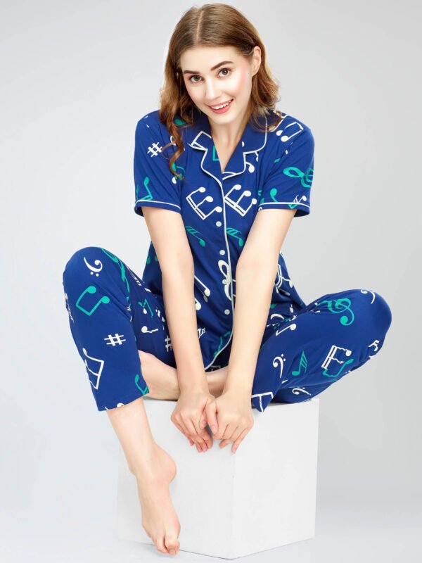 Women's Blue Musical Note's Printed Cotton Night Dress of Shirt and Pajama set
