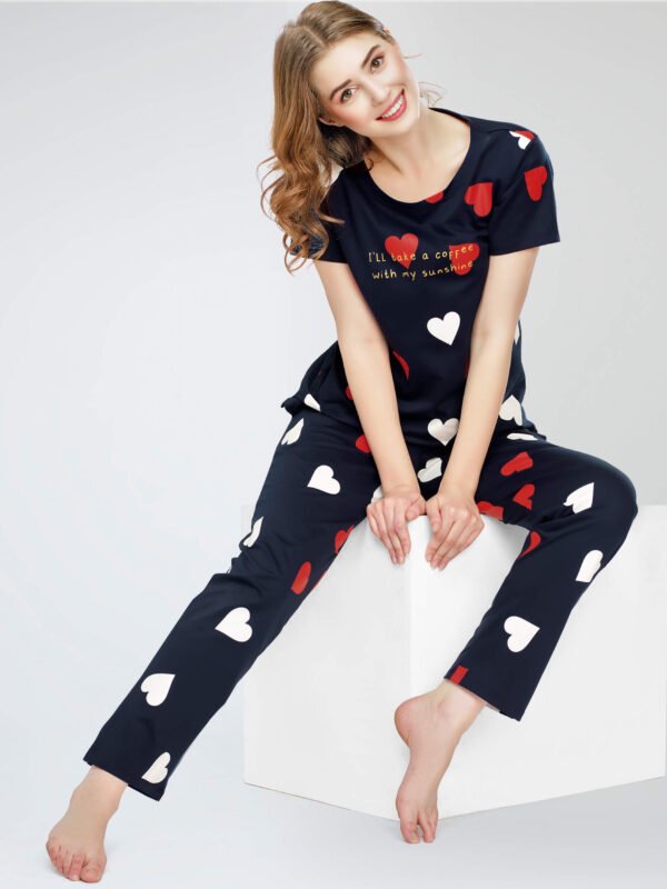 Women's Navy Blue Heart Printed Cotton Night Dress of Top and Pajama set