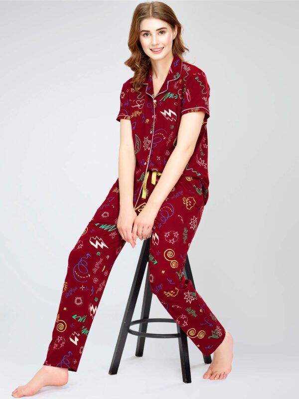 Women's Maroon Printed Cotton Night Dress of Shirt and Pajama set